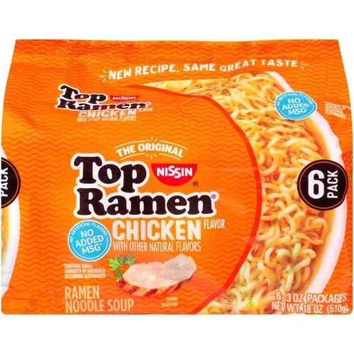 Nissin Top Ramen Ramen Noodle Soup, Chicken Flavor, 6 Pack.