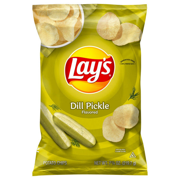 Lay's Potato Chips, Dill Pickle Flavored.